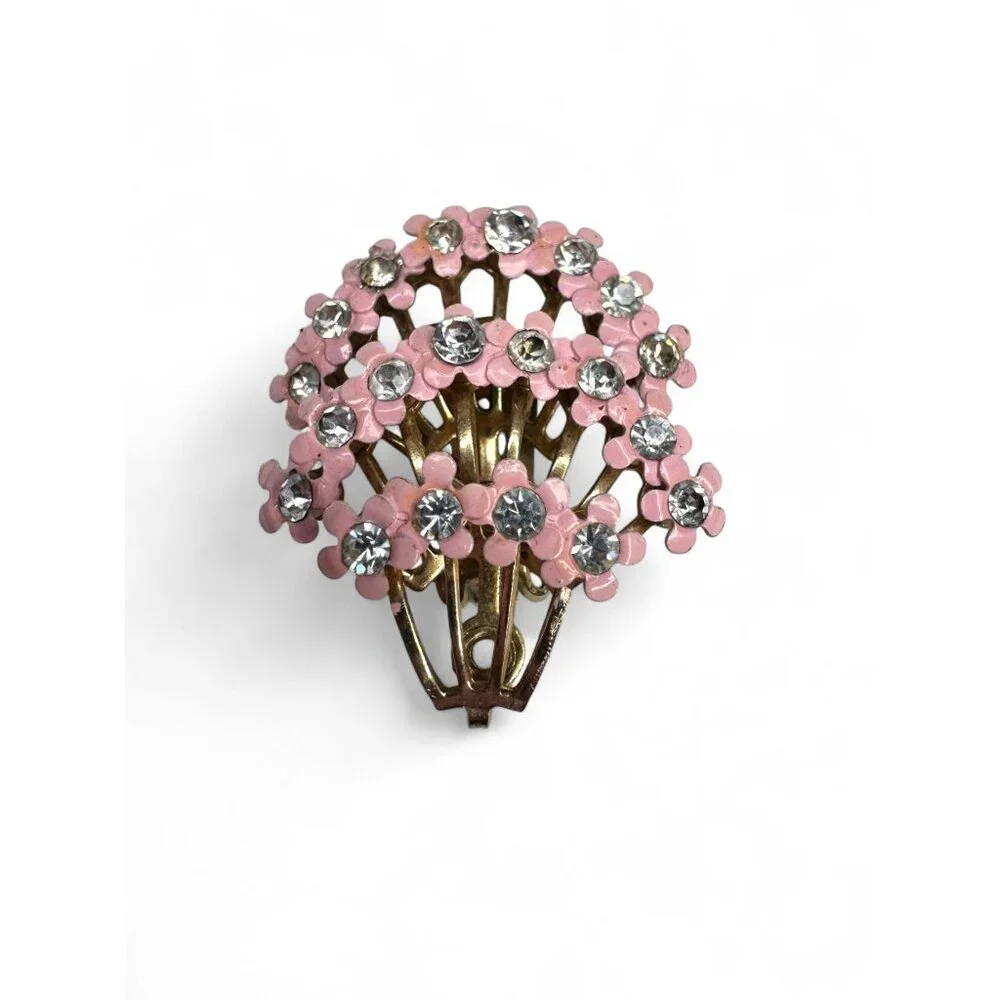 Vintage Pink Enamel Clear Rhinestone Floral Brooch Clip On Earrings Set - Picture 8 of 11